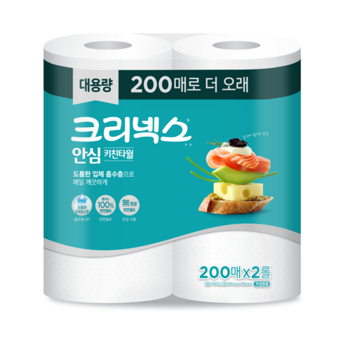 크리넥스 안심 클래식 키친타올 200매 2개, 할인가격 2,560원, 정상가격 3,000원, 배송방법 로켓배송, 배송료 2,500원, 총평가수 1,698, 평점 5/5, 겹수 2겹, 내지 매수 200매, 총 수량 2개, 품명 및 모델명 크리넥스 안심 키친타월, 인증/허가 사항 위생용품, 제조국(원산지) 대한민국