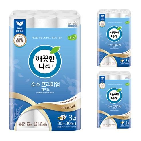 부드러운 사용감과 세련된 디자인을 가진 깨끗한나라 3겹 데코 순수 프리미엄 와이드 천연펄프 롤화장지